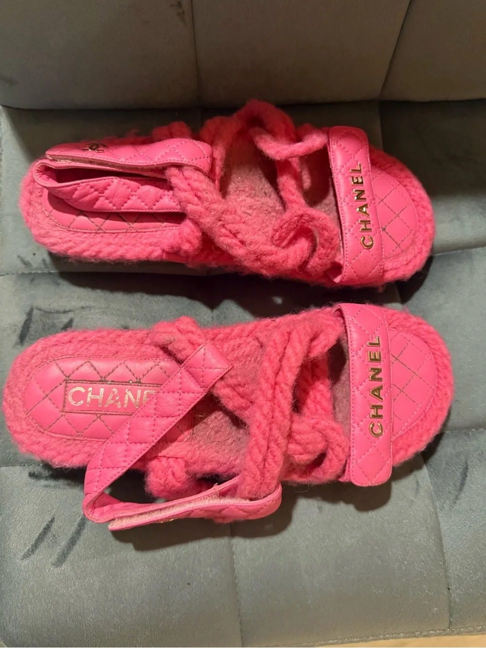 CHANEL Hot Pink Quilted Wool Slide Sandals